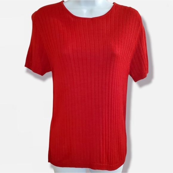 August Silk Slim Fit Ribbed Short Sleeve Fitted Knit Top | Size Large - Picture 1 of 7